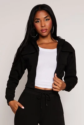 Womens Cargo Pocket Zip Front Cropped Hoodie,