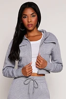 Womens Cargo Pocket Zip Front Cropped Hoodie, Grey, Size S