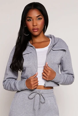Womens Cargo Pocket Zip Front Cropped Hoodie, Grey, Size M