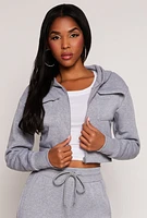 Womens Cargo Pocket Zip Front Cropped Hoodie, Grey, Size M