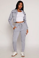 Womens Cargo Pocket Zip Front Cropped Hoodie, Grey, Size M