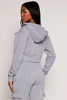 Womens Cargo Pocket Zip Front Cropped Hoodie, Grey, Size M