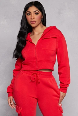 Womens Cargo Pocket Zip Front Cropped Hoodie, Red, Size L