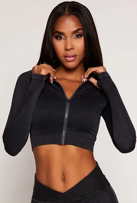 Womens Seamless Ribbed Knit Zip Front Crop Top,