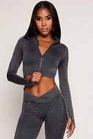 Womens Seamless Ribbed Knit Zip Front Crop Top, Grey, Size L
