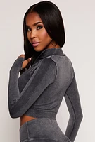 Womens Seamless Ribbed Knit Zip Front Crop Top, Grey, Size L