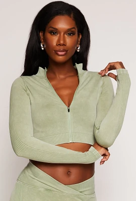 Womens Seamless Ribbed Knit Zip Front Crop Top,