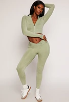 Womens Seamless Ribbed Knit Zip Front Crop Top,