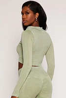 Womens Seamless Ribbed Knit Zip Front Crop Top,