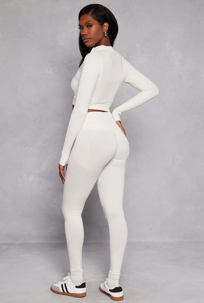 Womens Seamless Ribbed Knit Crossover Leggings, White, Size M