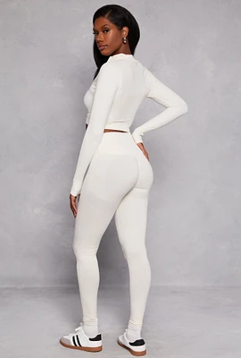 Womens Seamless Ribbed Knit Crossover Leggings, White, Size M