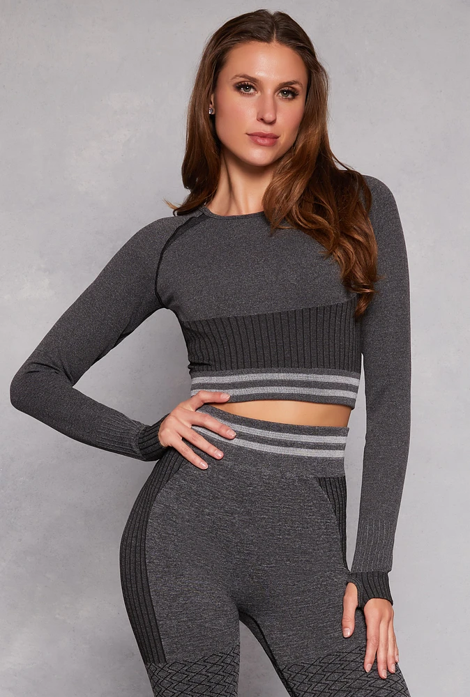 Womens Seamless Striped Active Crop Top, Grey, Size S-M