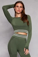 Womens Seamless Striped Active Crop Top, Green, Size S-M