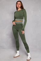 Womens Seamless Striped High Waisted Leggings, Green, Size S-M