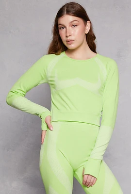 Womens Seamless Color Block Long Sleeve Top, Green, Size S
