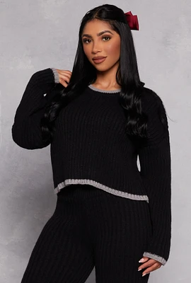 Womens Ribbed Contrast Trim Long Sleeve Sweater, Black, Size M