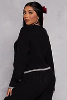 Womens Ribbed Contrast Trim Long Sleeve Sweater, Black, Size M
