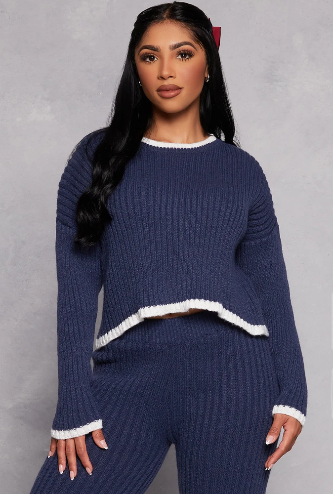 Womens Ribbed Contrast Trim Long Sleeve Sweater, Blue, Size S