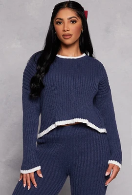 Womens Ribbed Contrast Trim Long Sleeve Sweater, Blue, Size S