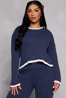 Womens Ribbed Contrast Trim Long Sleeve Sweater, Blue, Size S
