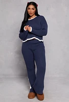 Womens Ribbed Contrast Trim Long Sleeve Sweater, Blue, Size S