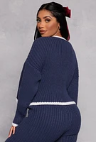 Womens Ribbed Contrast Trim Long Sleeve Sweater, Blue, Size S