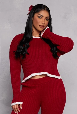 Womens Ribbed Contrast Trim Long Sleeve Sweater, Red, Size XL