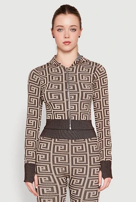 Womens Color Block Greek Key Print Zip Front Hoodie,
