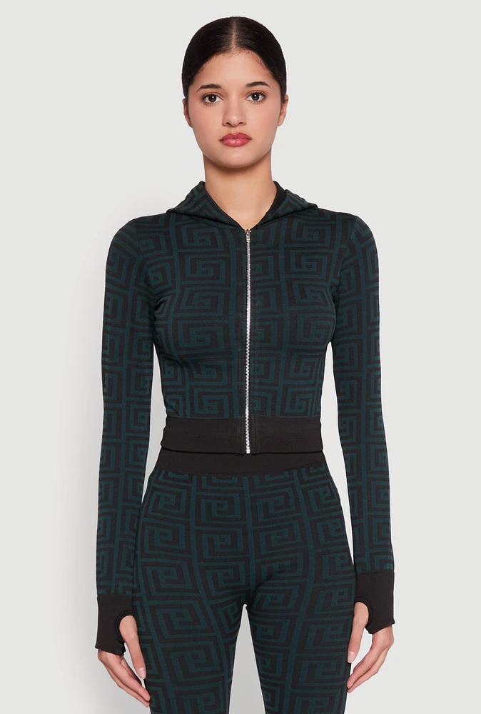Womens Color Block Greek Key Print Zip Front Hoodie,
