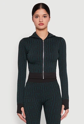 Womens Color Block Greek Key Print Zip Front Hoodie,