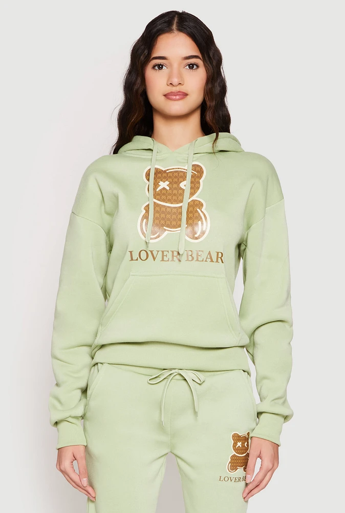 Womens Fleece Lover Bear Graphic Hoodie, Green, Size S