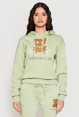 Womens Fleece Lover Bear Graphic Hoodie, Green, Size S