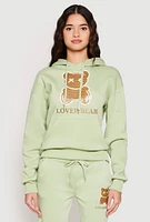 Womens Fleece Lover Bear Graphic Hoodie, Green, Size S