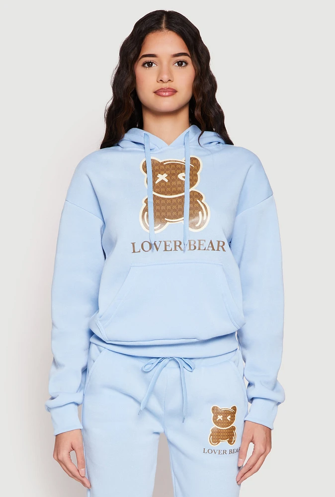 Womens Fleece Lover Bear Graphic Hoodie, Blue, Size M