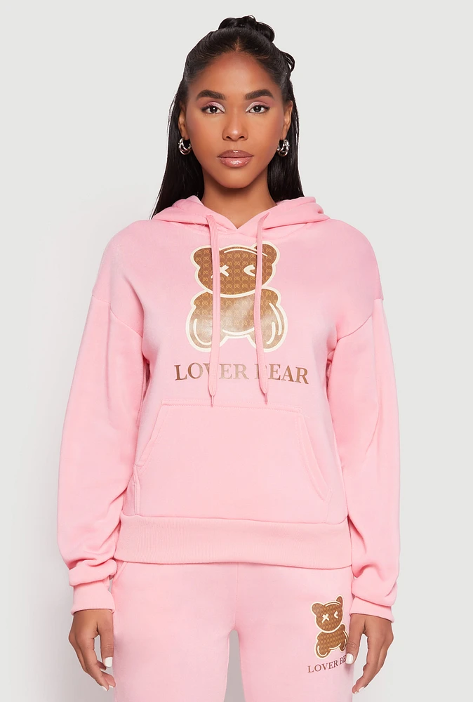 Womens Fleece Lover Bear Graphic Hoodie, Pink, Size S