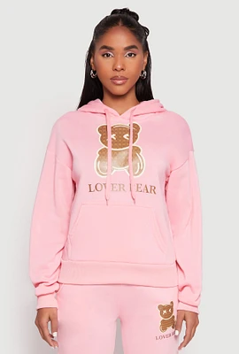 Womens Fleece Lover Bear Graphic Hoodie, Pink, Size S