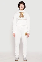 Womens Fleece Lover Bear Graphic Joggers, White, Size L