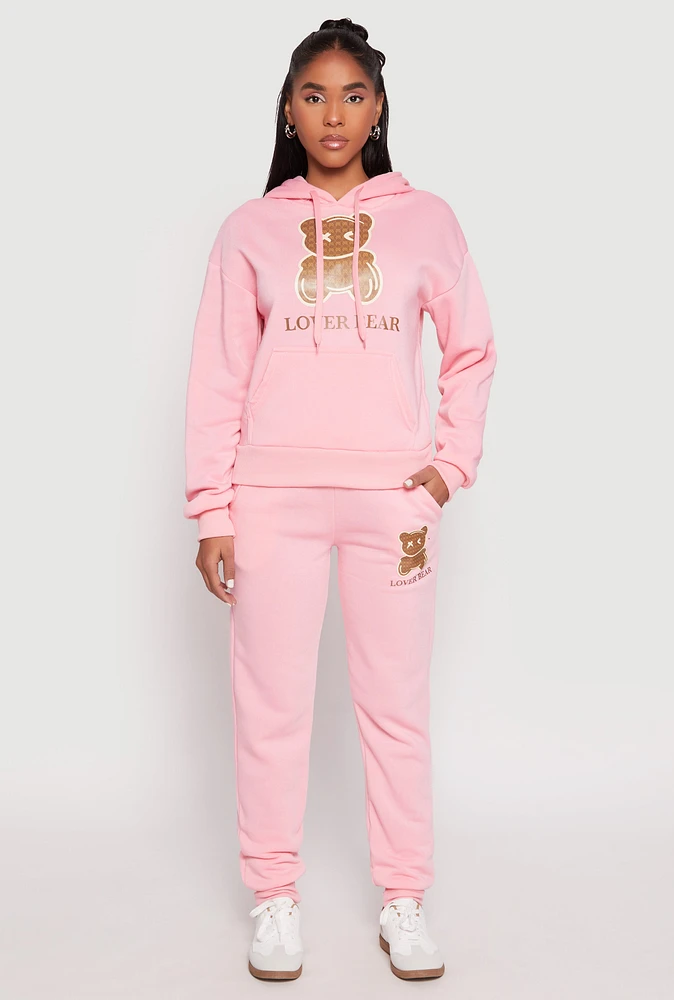 Womens Fleece Lover Bear Graphic Joggers, Pink,