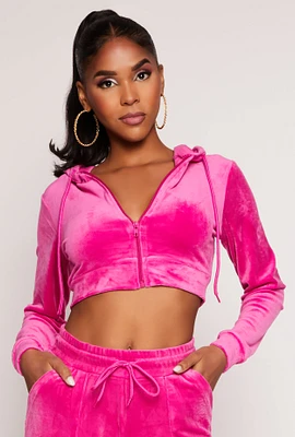 Womens Velour Zip Front Hoodie, Pink, Size XL