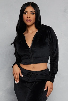 Womens Velour Zip Up Hooded Crop Top,