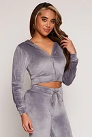 Womens Velour Zip Up Hooded Crop Top, Grey, Size M