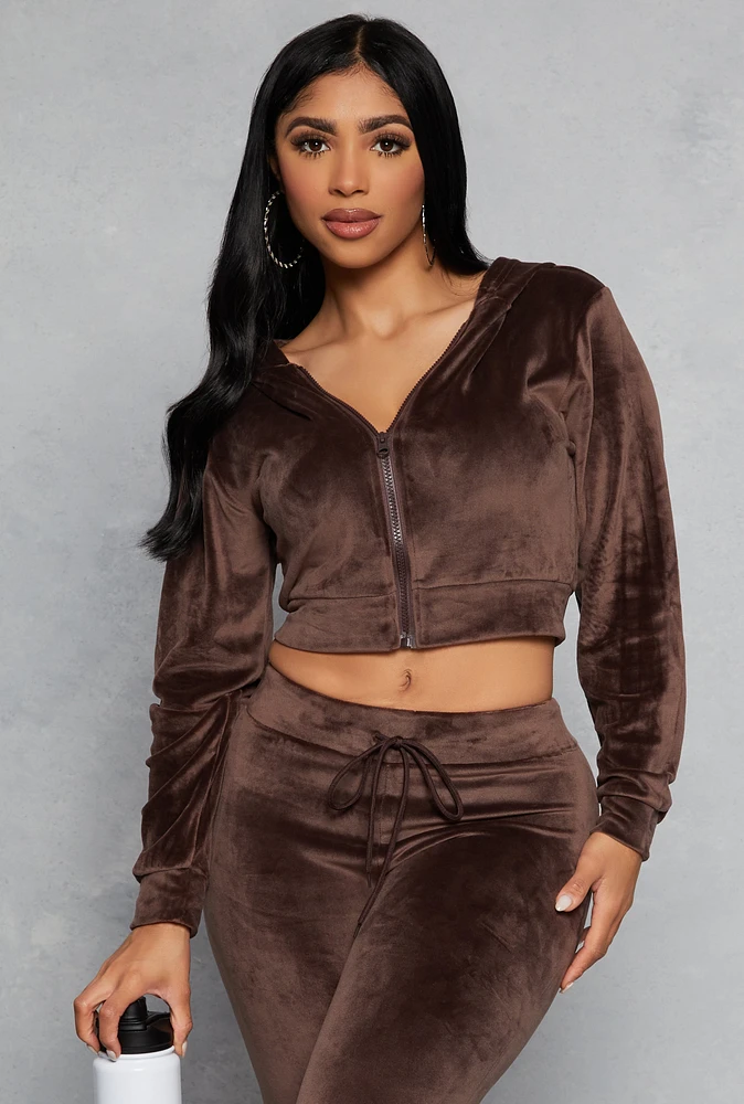 Womens Velour Zip Up Hooded Crop Top, Brown, Size L