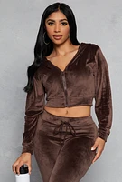 Womens Velour Zip Up Hooded Crop Top, Brown, Size L