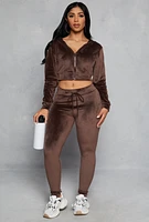 Womens Velour Zip Up Hooded Crop Top, Brown, Size L