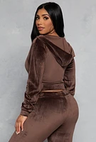 Womens Velour Zip Up Hooded Crop Top, Brown, Size L