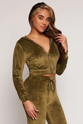 Womens Velour Zip Up Hooded Crop Top, Green, Size S