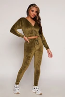 Womens Velour Zip Up Hooded Crop Top, Green, Size S