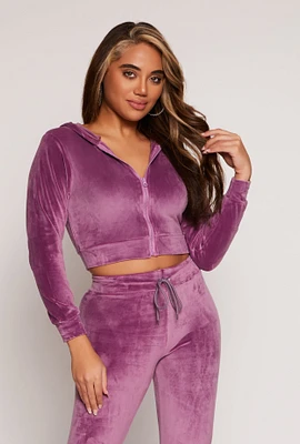 Womens Velour Zip Up Hooded Crop Top,