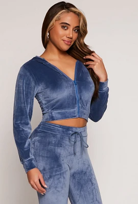 Womens Velour Zip Up Hooded Crop Top, Blue, Size S