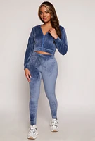 Womens Velour Zip Up Hooded Crop Top, Blue, Size S